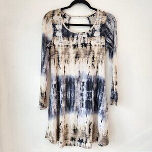 Entro Watercolor Mini Dress Cream Grey Long Sleeve Stretch Jersey Knit Boho S